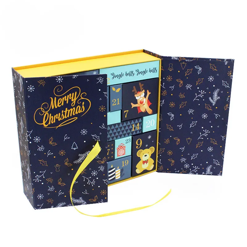 Caja de papel de Chocolate plegable de Navidad azul de fábrica, paquete rígido, caja de regalo de Chocolate con cinta