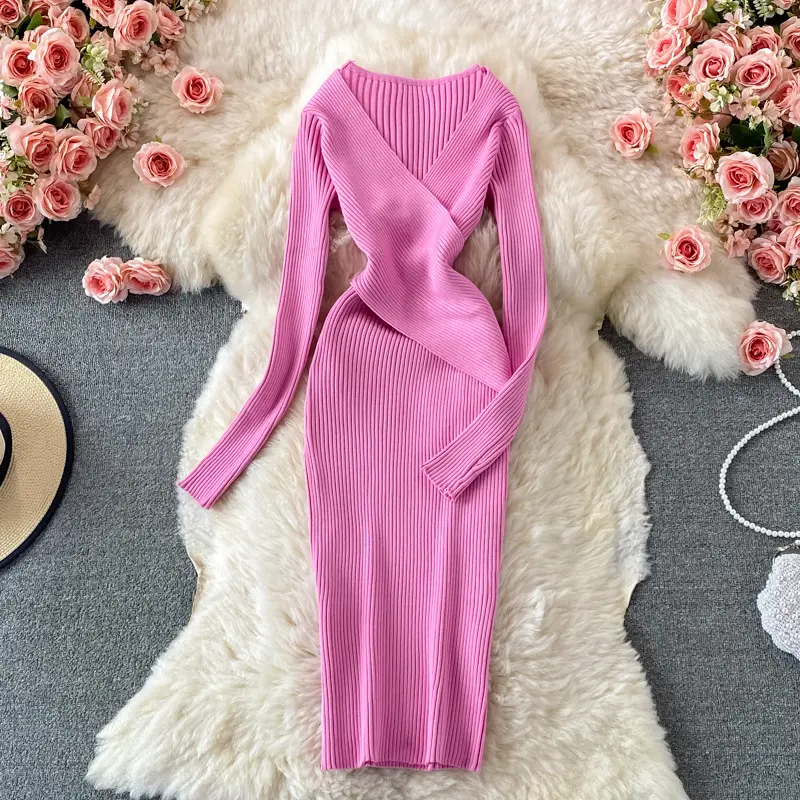 Rotpeony damen schicke Mode schwarzer Pullover Kleid Outfits Kleidung V-Ausschnitt Herbst Winter elegantes geripptes gestricktes Bodycon-Kleid