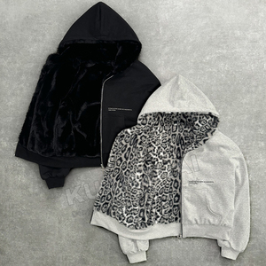 Benutzer definierte dicke schwere reversible Doppels chicht Pelz Boxy Fit Cropped Cheetah Leopard Zip Up Man Hoodies Jacke Hersteller - Product Image 3
