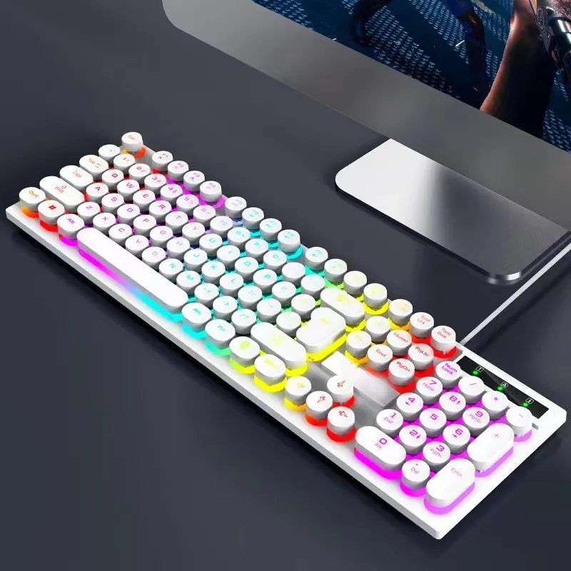 Sıcak satış 104 tuşları Retro mekanik klavye gökkuşağı arkadan aydınlatmalı Punk yuvarlak Keycaps USB kablolu Gamer Teclado oyun klavyesi