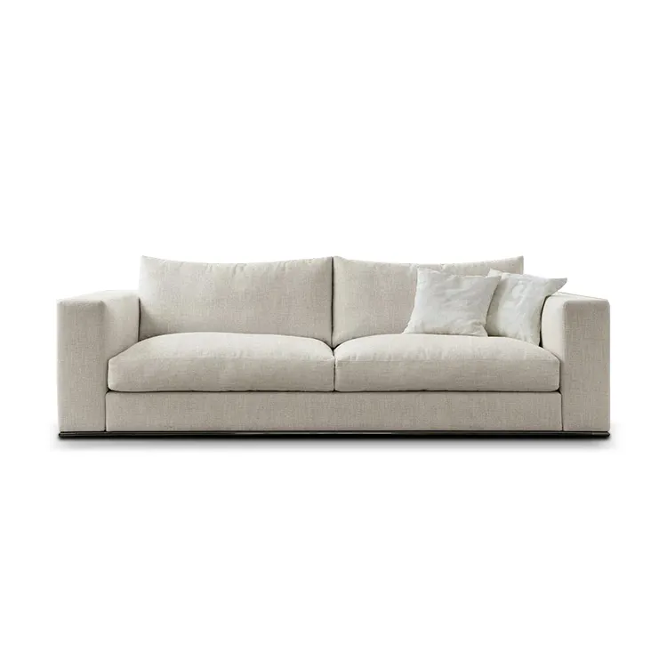 Sofá de tecido bege estilo nórdico, 4 assentos, base de aço inoxidável, sofá moderno para sala de estar
