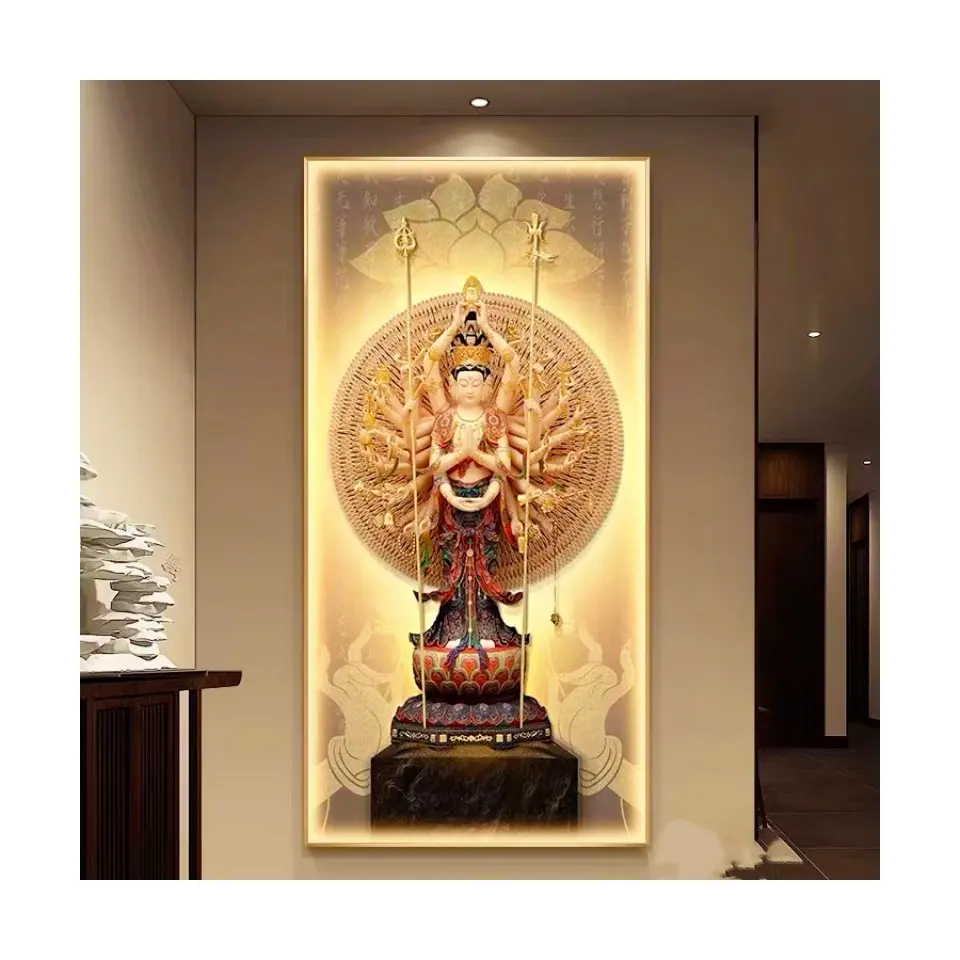 Luxury Modern Buddha Kwan-yin Portrait with calligraphy led light Painting Crystal Porcelain Abstract Painting for living room