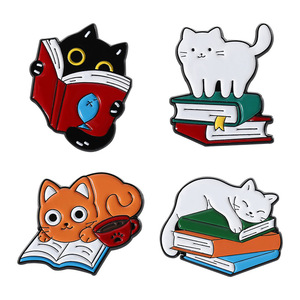 Reading book <strong>bookish</strong> badge learning cat enamel pin