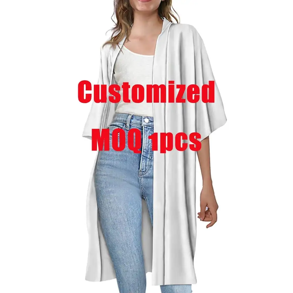 Abrigo largo ligero para mujer Kimono de verano diseño personalizado/Logotipo/Nombre/texto/imagen/sublimación de fotos cárdigan de mujer en blanco