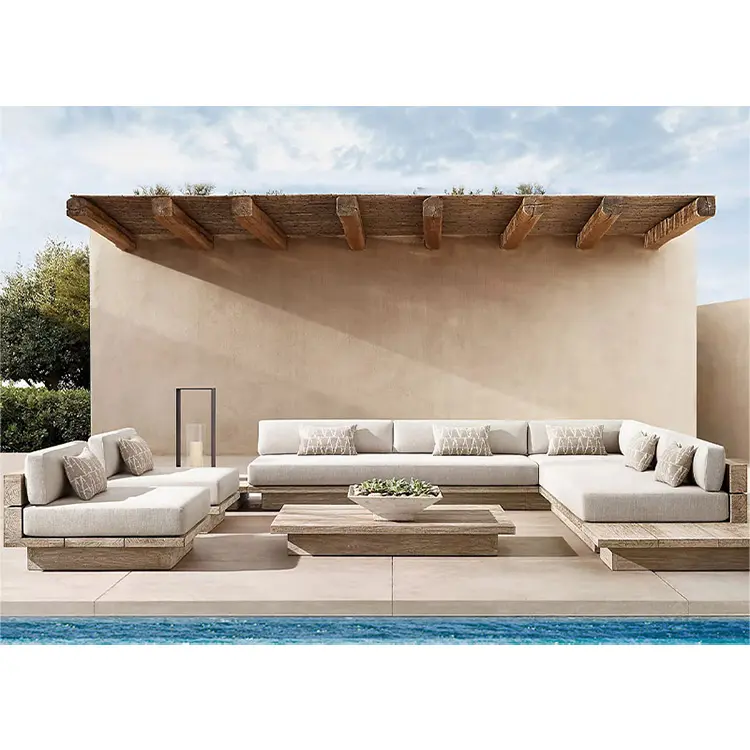 Hiện Đại Phong hóa Gỗ Tếch sofa ngoài trời Vườn Patio đồ nội thất đặt Gỗ Tếch đồ gỗ ngoài trời với đệm