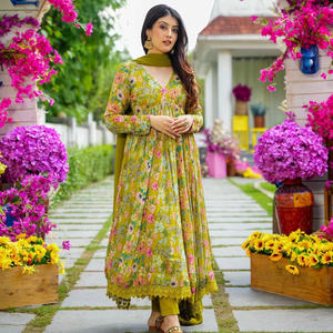 Kadınlar çiçek baskı Anarkali Kurta ile pantolon & Dupatta ile Dupatta fiyat pazarı hindistan etnik tasarımcı <span class=keywords><strong>Kurti</strong></span> toptan - Product Image 1