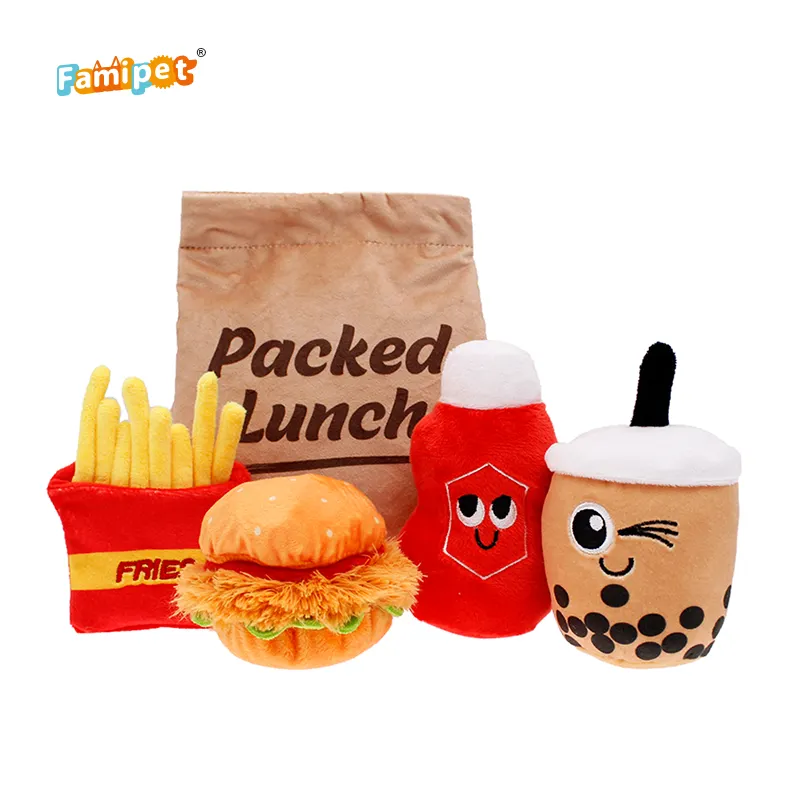 Famipet 도매 새로운 디자인 패스트 푸드 점심 팩 시리즈 삐걱 거리는 개 장난감 봉제 애완 동물 장난감 개