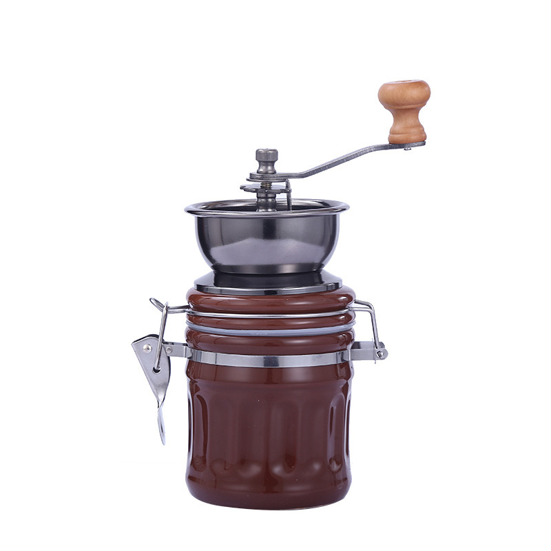 Molino de café de cerámica marrón redondo del tarro