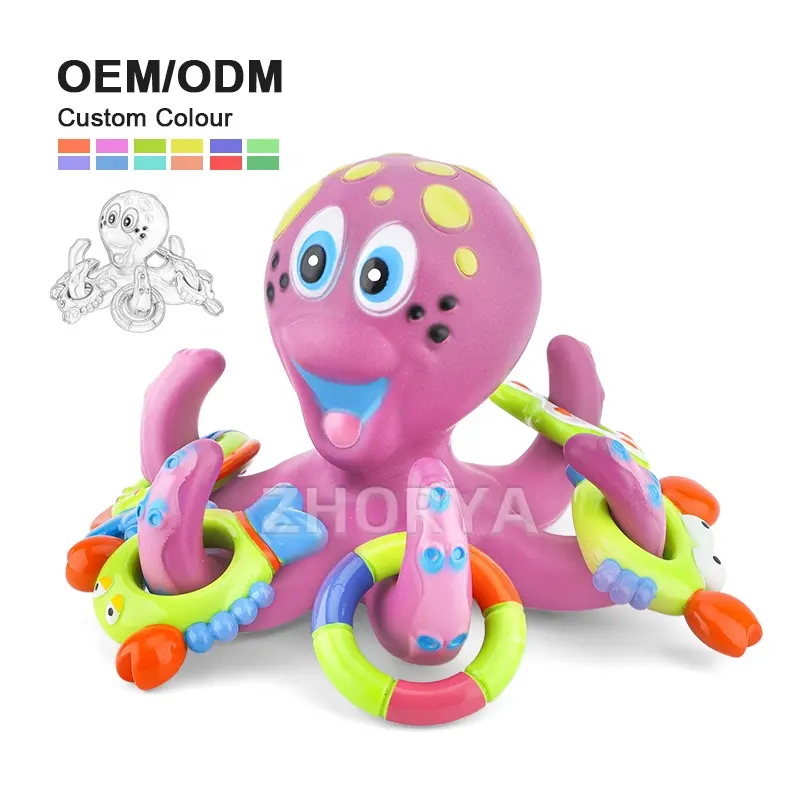 Zhorya Brinquedo de banho interativo de borracha polvo banho chuveiro brinquedos flutuante polvo roxo com anéis Hoopla