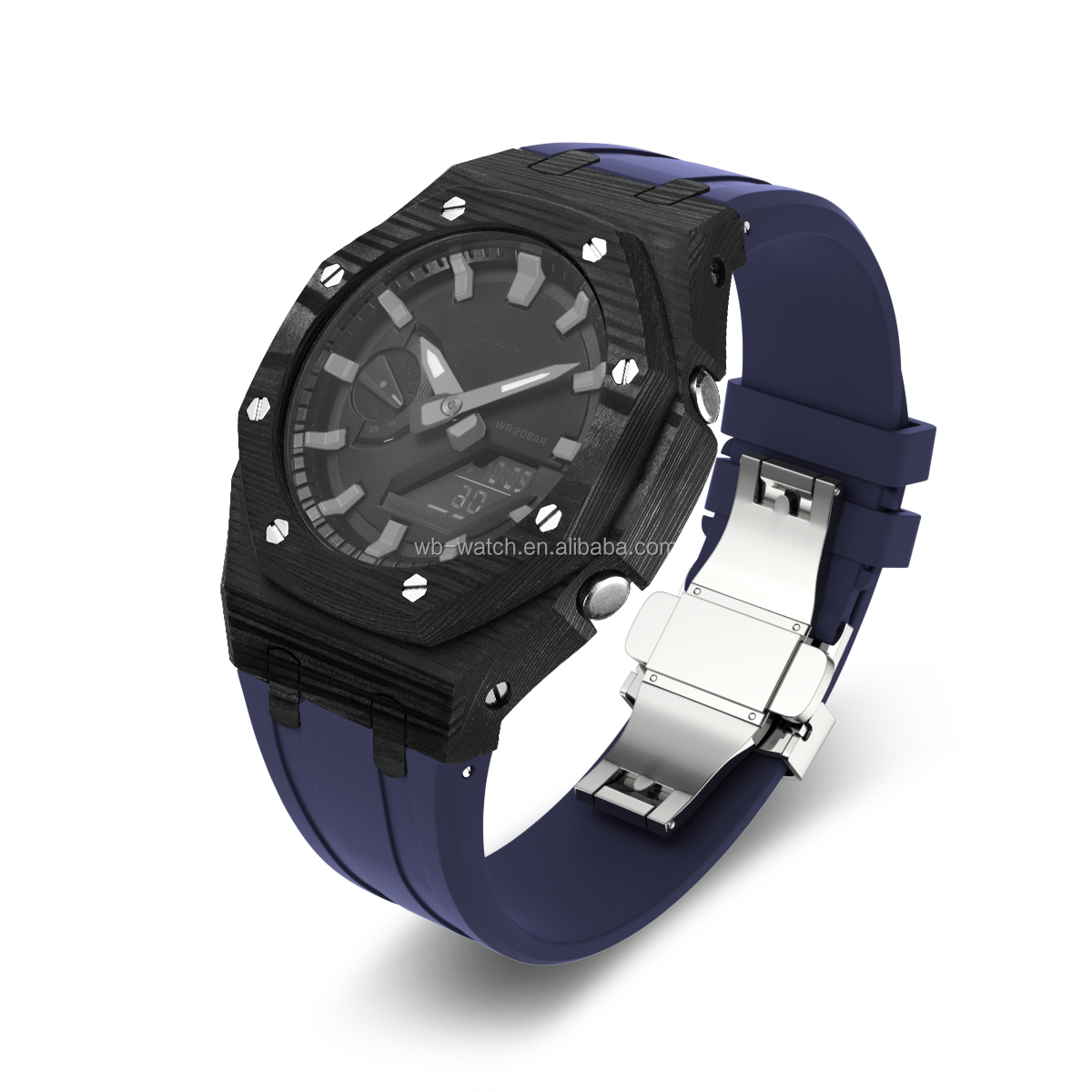 Boîtier de montre en fibre de carbone noir + ruban bleu foncé
