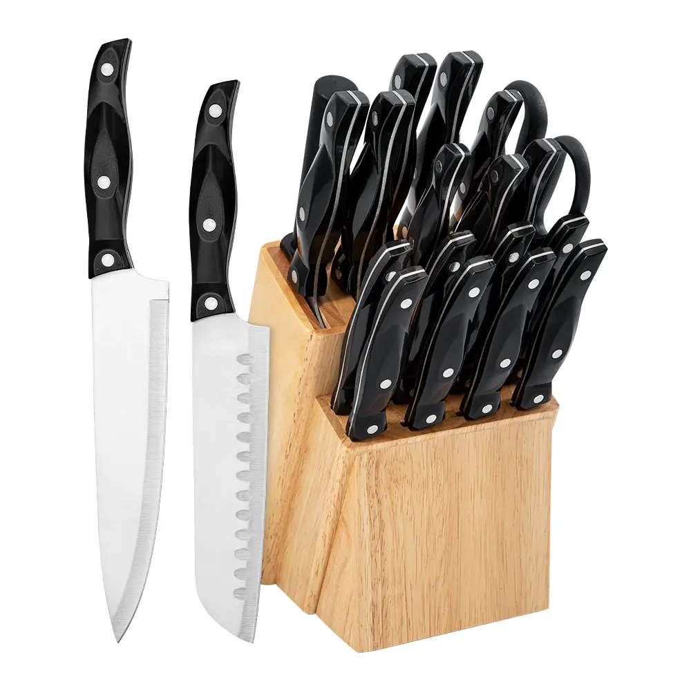 Fabbrica di Yangjiang buon prezzo coltello da cucina set 19 pz in acciaio inox nuovo design in plastica manico coltello da chef con blocco di legno