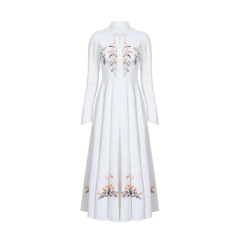 2020 Spring Ladies Clothing High Quality White Spread Collar Back Zip Closure Long Floral Hand Embroidered Dress for Women