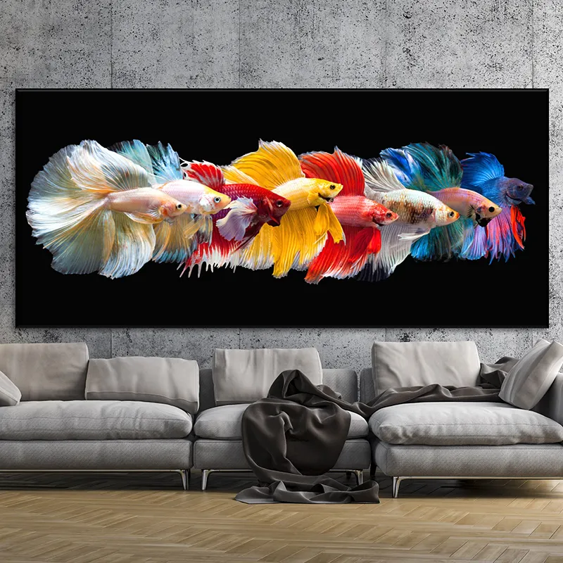 ภาพวาดแอบสแตรกต์บนผ้าใบแคนวาสรูปปลาหลากสีติดผนังรูปปลากัดปลาสีรุ้งสำหรับตกแต่งห้องนั่งเล่น