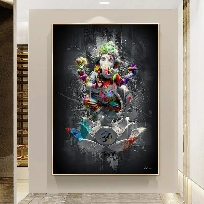 Hindu fil tanrı Graffiti tuval boyama duvar sanatı din Ganesha Lotus Poster baskı