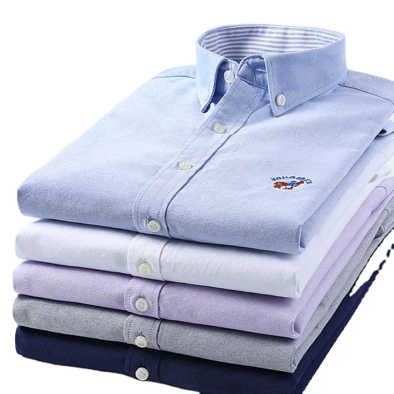 Camisa oxford casual de algodão puro para homens, de boa qualidade, manga comprida, com botão, gola para baixo, camisas oxford sólidas para homens