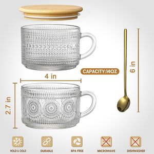 積み重ね可能なクリアエンボスガラスコーヒーカップ4個セットVintage14オンスコーヒーマグ - Product Image 5