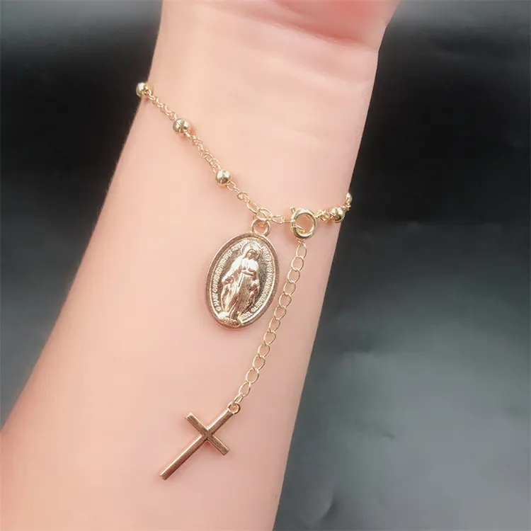Y234 Wholesale Pulsera Gold Plated Religious Rosary Virgin Mary Charm Cross Pendant Adjustable Simple Fashion Jewelry Bracelets