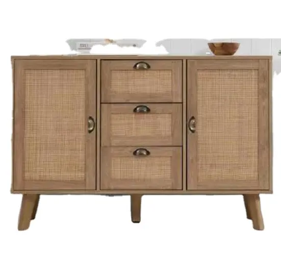 Credenza in Rattan armadio con 3 cassetti e maniglie in metallo e 2 ante mobili soggiorno