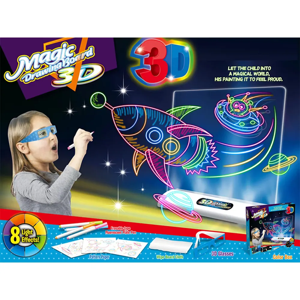 Fai da te LED Light 3D Magic Drawing Board 8 luci pittura Tablet giocattoli cancellabili Doodle disegno giocattoli per bambini