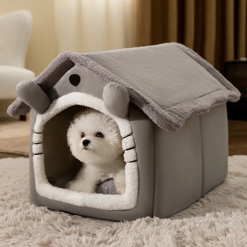 Envío rápido, fabricante al por mayor, casa de perro de felpa de terciopelo para todas las estaciones, suave interior, gato, casa, cueva, cama de lujo para mascotas