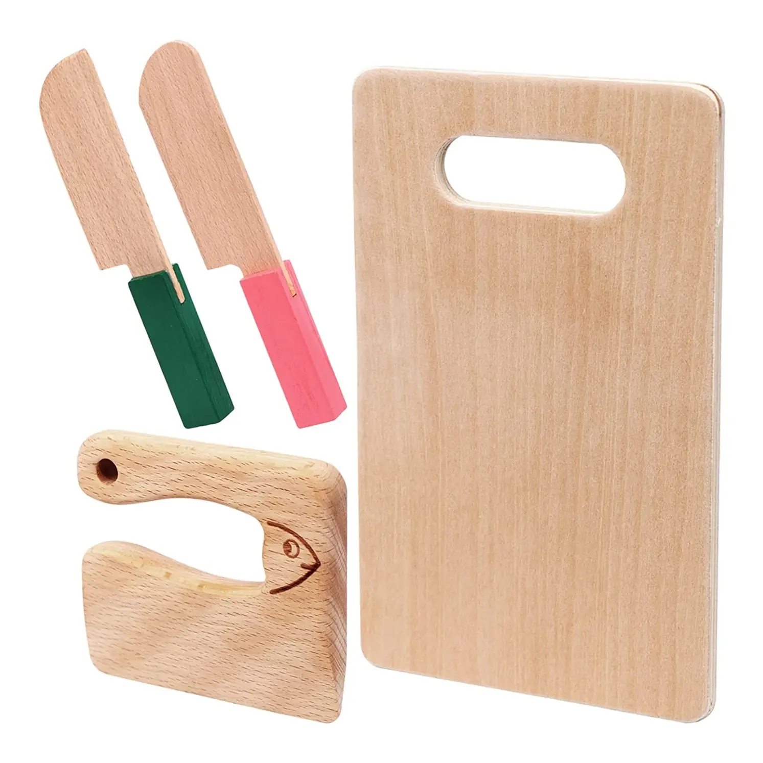 children montessori 4 Pcs toddler kid safe wood knife set kitchen tools with rectangle cutting board for real cooking utensils