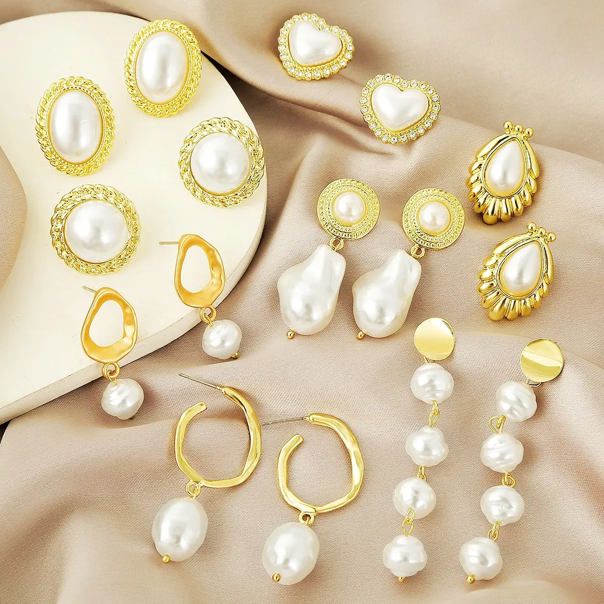 Brincos de pérola geométricos banhados a ouro, coloridos, strass, coração barroco, para mulheres