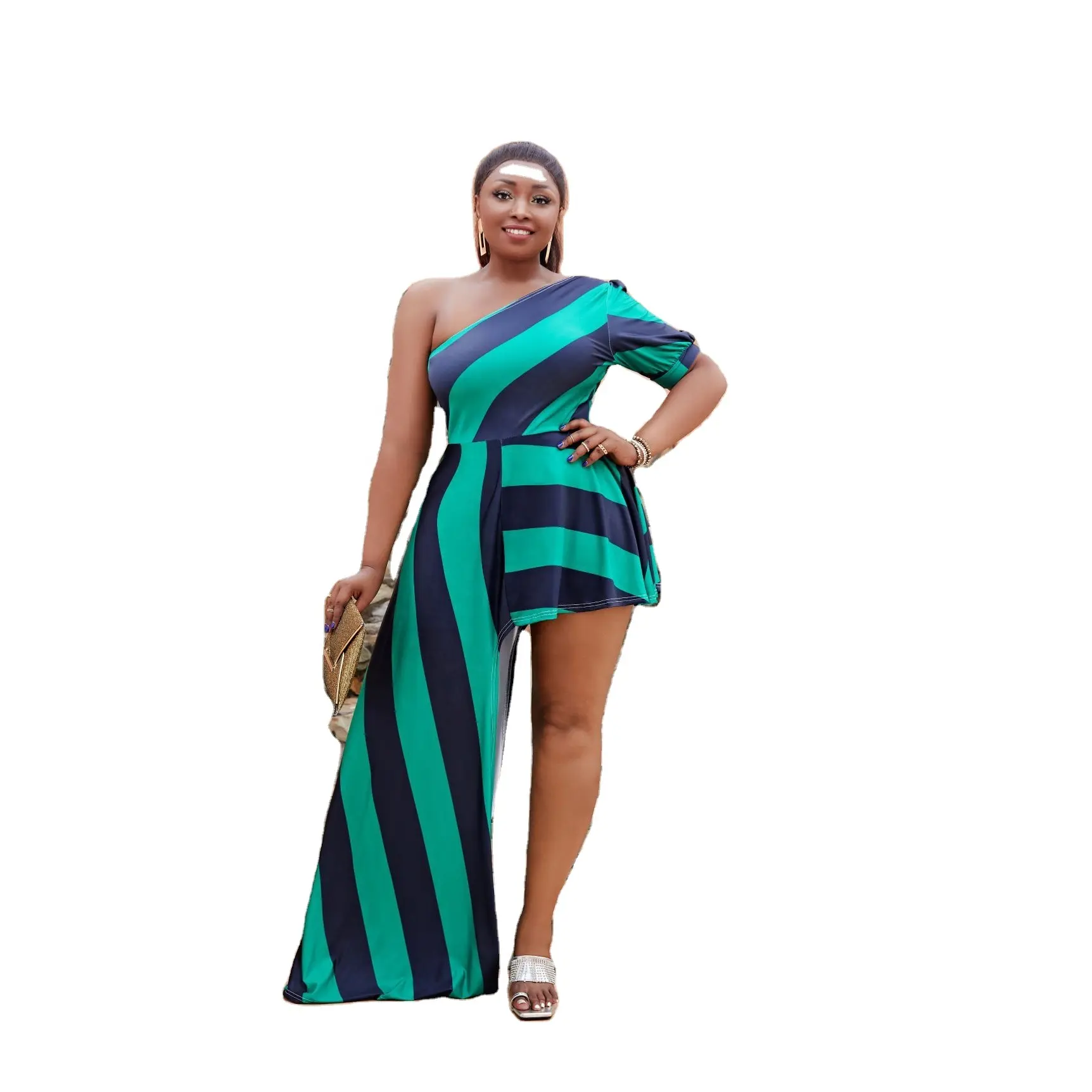 Plus Size for Women Dress Striped One Shoulder Half Sleeve lady Asymmetrical Long Maxi Dress Vestido