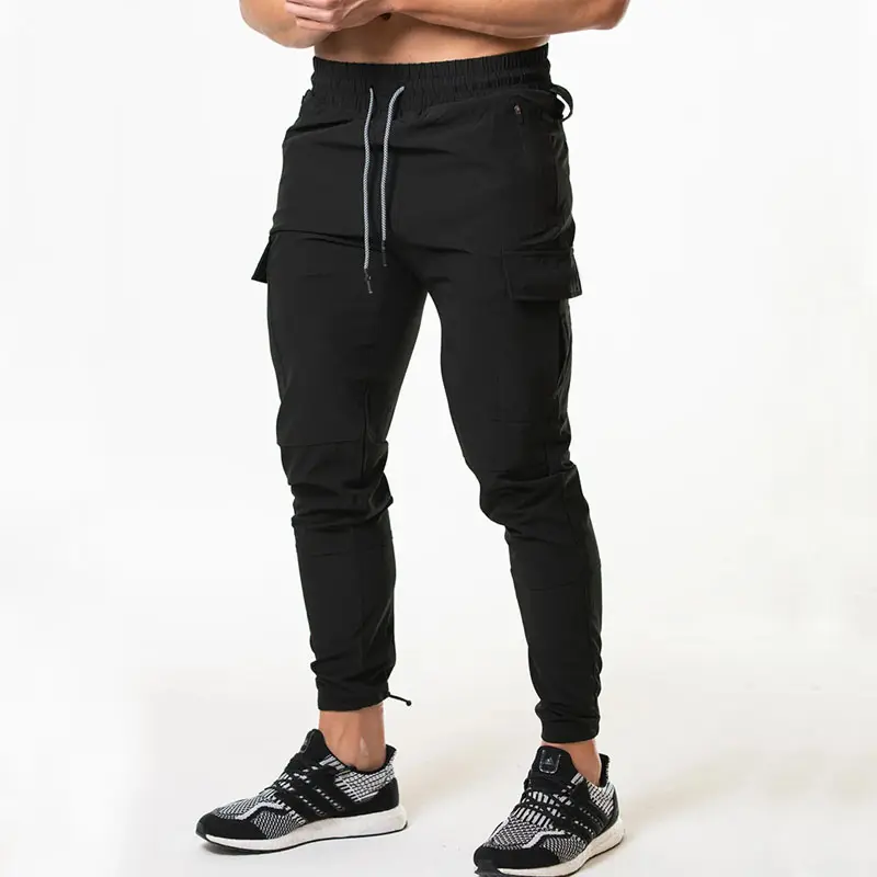 Fashion Zwarte Mens Sport Cargo Joggers Cinch Op Enkel Gym Training Nylon Spandex Custom Cargo Pocket Joggers