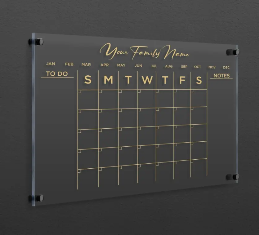 Vendita calda 30x40 family office mensile planner oro nero trasparente calendario acrilico per