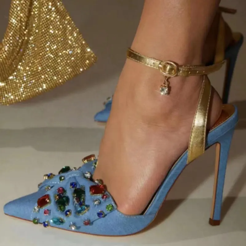 Diamantes coloridos Mulheres Denim Sandálias Azul Borboleta Stiletto Salto Alto Toe Pointy Tornozelo Correias Jeans Shoes