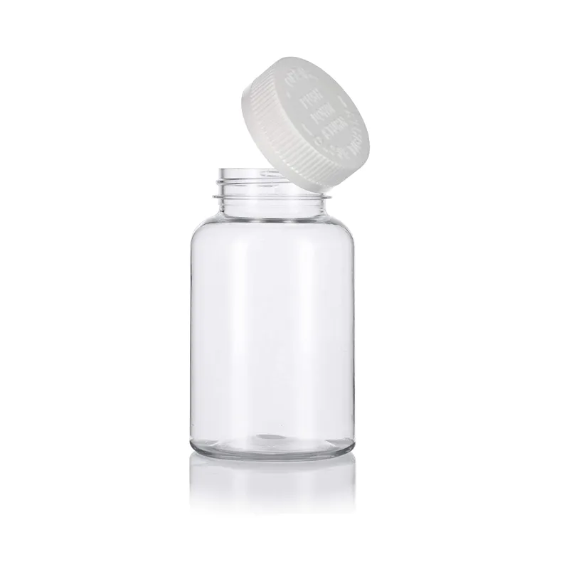 100mL 120ml 150ml 175ml 200ml 250ml PET transparente resistente a los niños botella de plástico contenedor para gomosa vitamina suplemento cápsula píldora