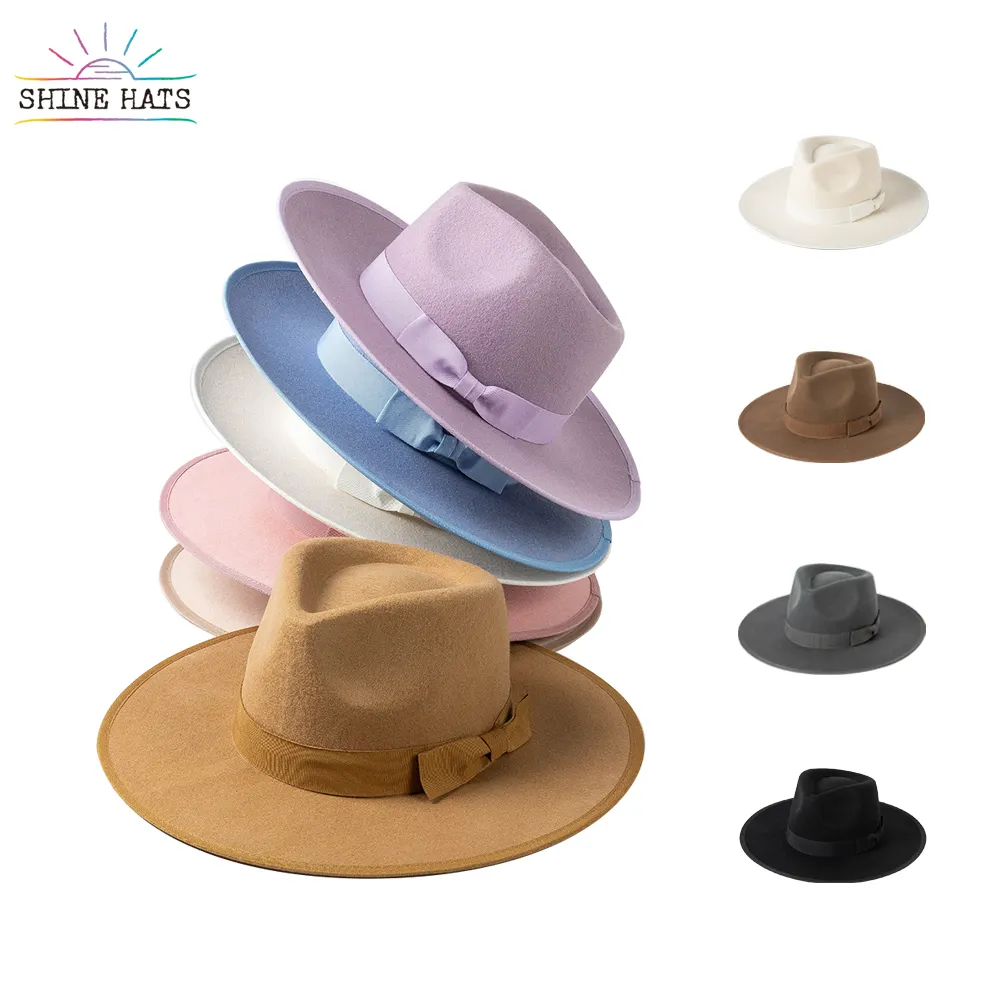 Shinehats cappelli Fedora 100% fornitori di cappelli di lana OEM 2023 produttore di feltro Vintage all'ingrosso Formal Chapeau Femme Bulk Hat Band