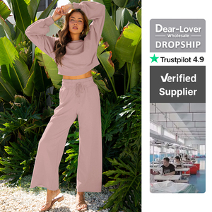 Thân Mẹo-Người Yêu Bán Buôn Drop Shoulder Puff Tay Áo Crop Áo Thun Dây Kéo Chân Rộng Quần Set In Trên Nhu Cầu Giản Dị Bộ Cho Phụ Nữ - Product Image 5