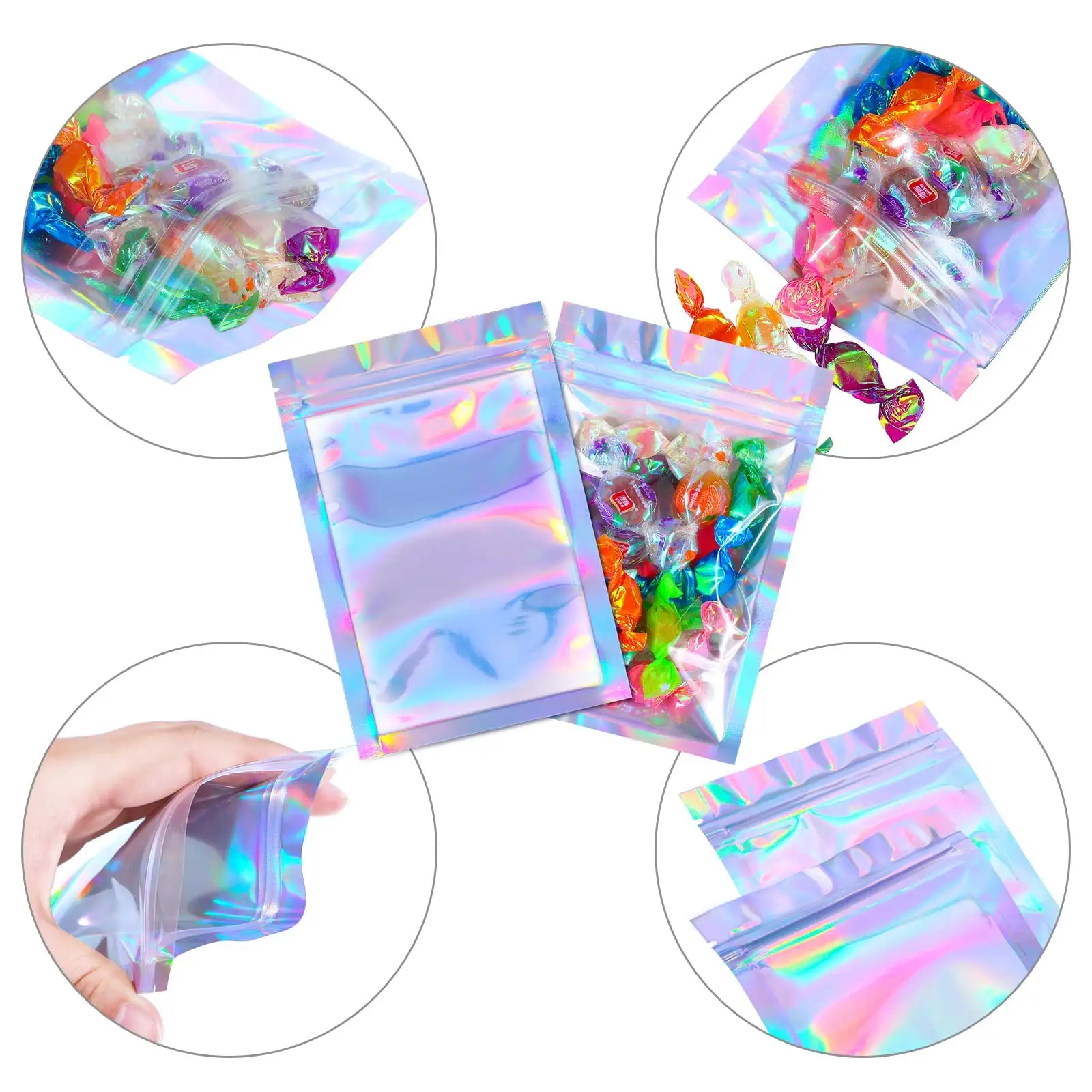 Emballage holographique transparent refermable anti-odeur de logo personnalisé de bonbons Petit sac à fermeture éclair en mylar