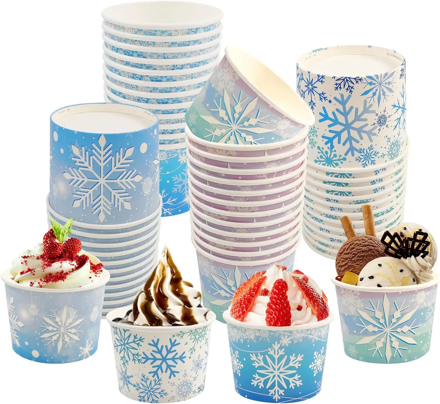 24パッククリスマススノーフレーク使い捨てアイスクリームパーティーカップ冷凍スノーフレークアイスクリームボウルスナックカップデザートスープボウル