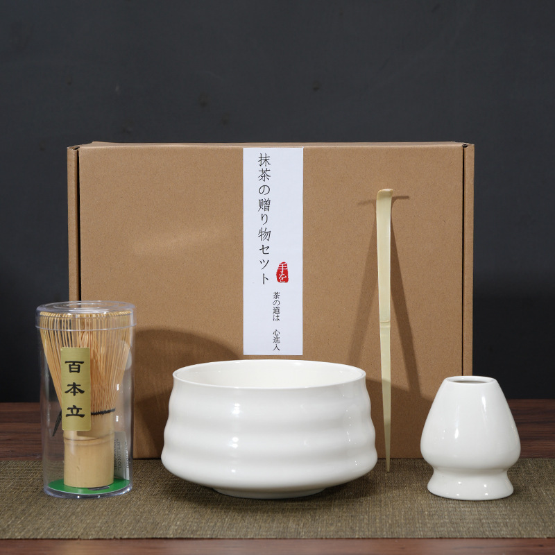 Bol à matcha blanc (yuan xian) 4 pièces avec boîte à étiquettes