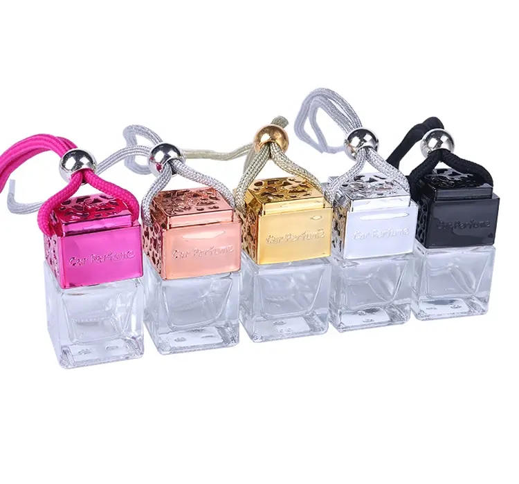 6ml Square Clear Bottle With Colored Cap Car Perfume Pendant Air Freshener Empty Glass Bottle Hanging Car Diffuser Bottle