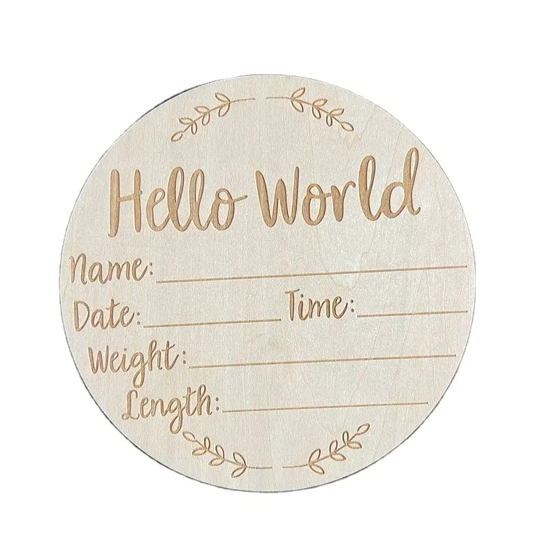 こんにちは世界のお知らせ名前記号木製の名前プラーク保育園の装飾こんにちは世界丸い木製の新生児写真小道具新生児カード