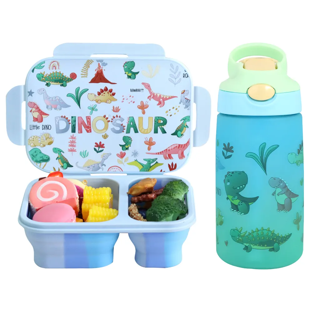 Conjunto de embalagens de plástico para crianças, lancheira de plástico à prova de vazamentos, garrafa de água Bento para escola, design personalizado