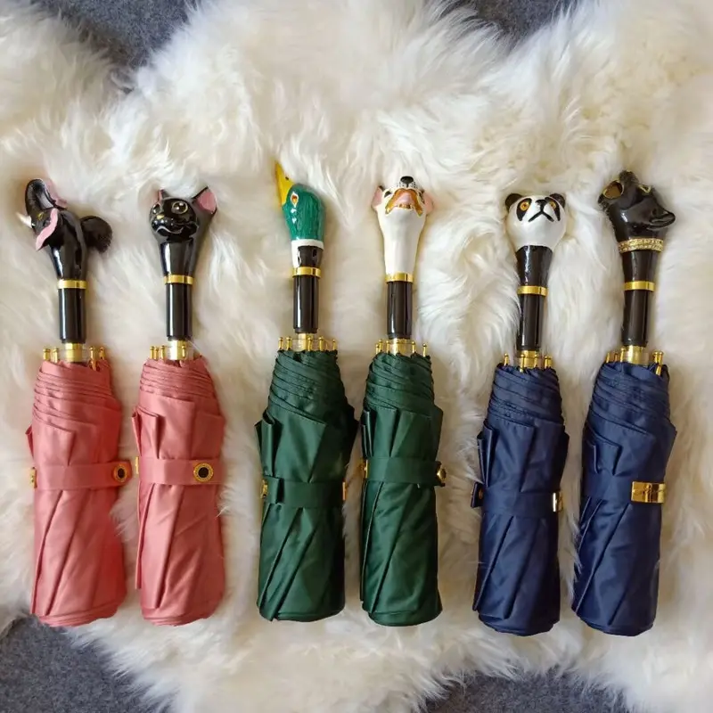 Custom High-class Long Animal Head Handle Embroidery Customized Available Manual Metal Fabric Windproof Luxury folding Umbrella