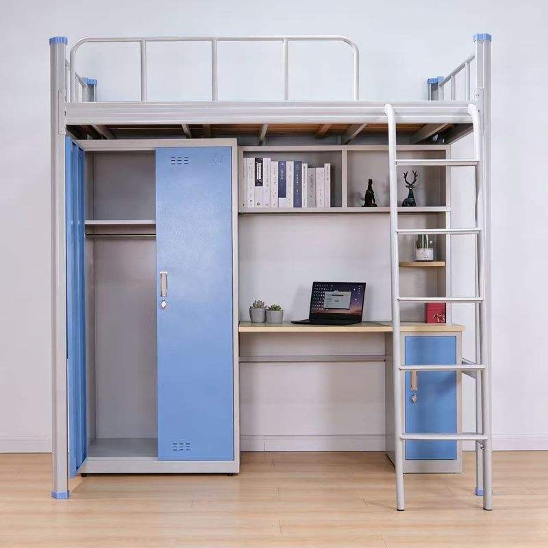 Blue loft bed with double-door wardrobe