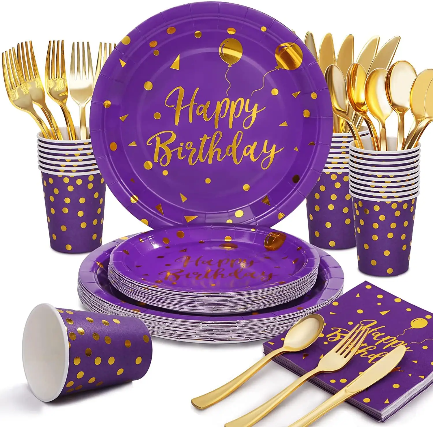 Kunden spezifisch bedruckte Papp teller Lila und Gold Serviette Einweg Party zubehör Geburtstags becher Strohhalme für Farb teller Set