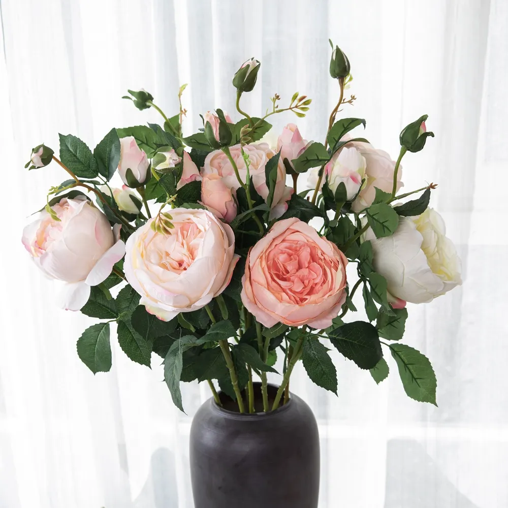 Оптовая продажа, искусственные цветы, 2 головки с листьями, настоящие на ощупь розы, цветок для свадебного украшения