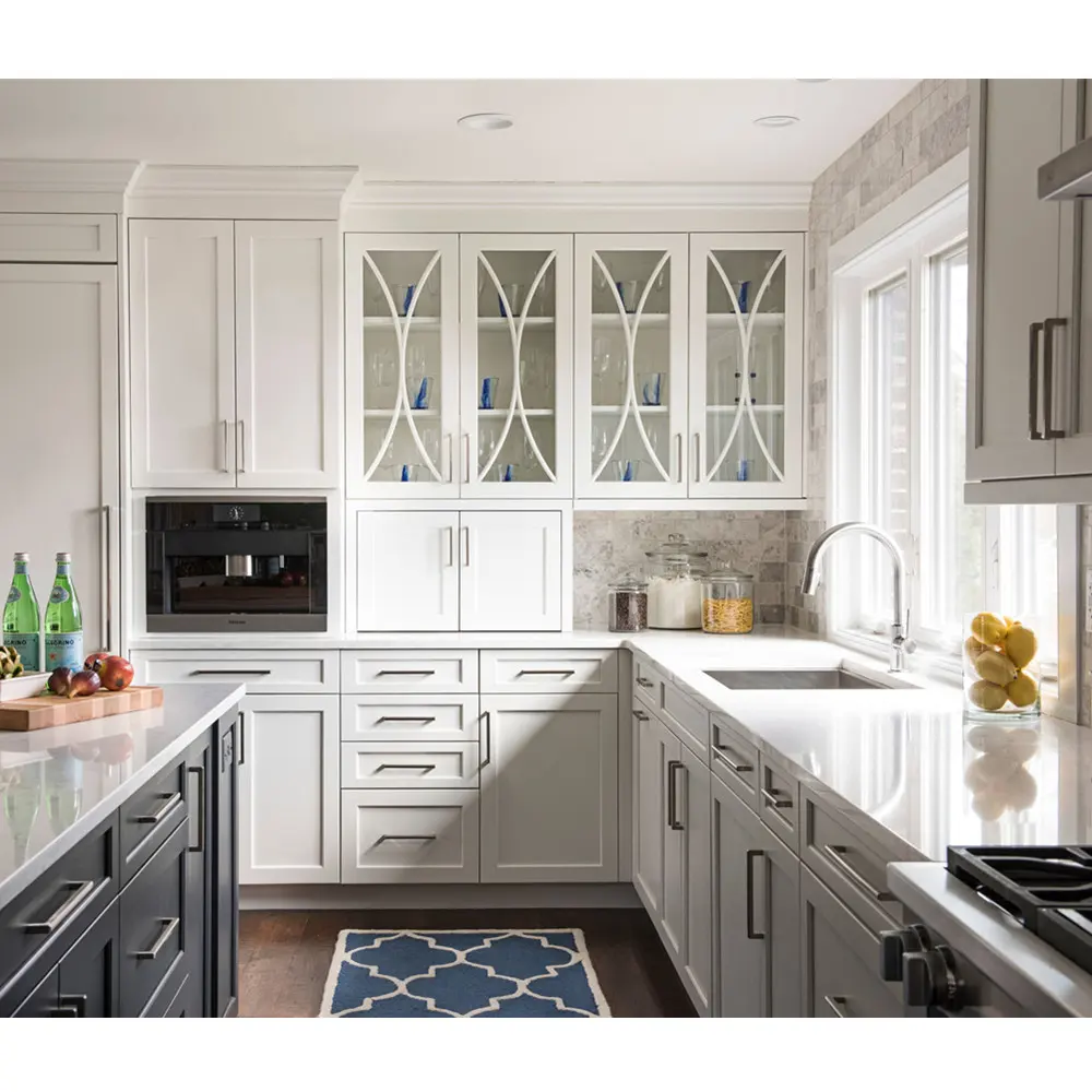 Fertige Glastüren Küchen schränke u-Form Wand montage weiße Shaker Küchen schränke mit Backofen und Herd