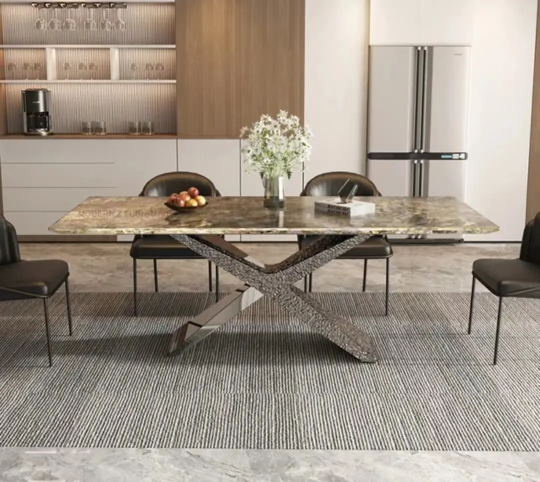 Luxury Modern nordic dining Table set 8 seater Furniture stainless steel mirror ripple Legs natural stone villa dining tables