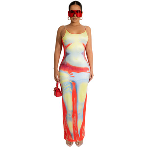 Alta Qualidade <span class=keywords><strong>3D</strong></span> Mulheres Sexy Backless Summer Dresses Impresso Mulheres U-pescoço Vestido Longo Sexy Bodycon Party Dress