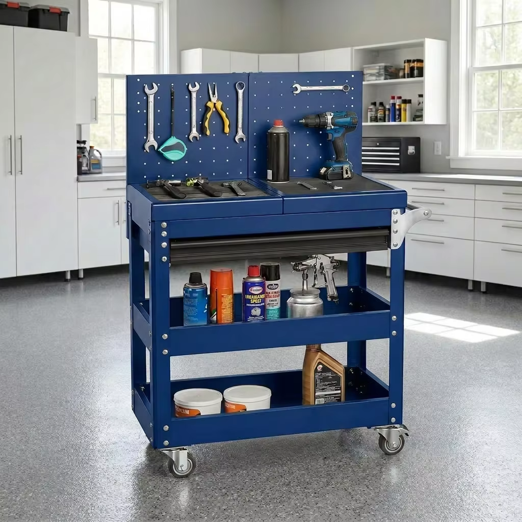 Blue Rolling Tool Cart with Pegboard Drawer
