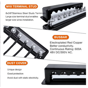600 a 48V DC <strong>BusBar</strong> 12 V Power Distribution Block (M10) 8 Studs &amp;Negative Battery Terminal Block for Marine Automotive RV Truck - Product Image 2