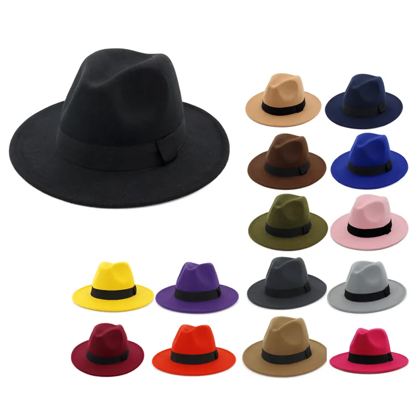 Vintage Retro toptan klasik yün hissediyorum siyah kadın şapkalar yetişkin kap baskılı kadın parti şapkaları geniş fötr şapka