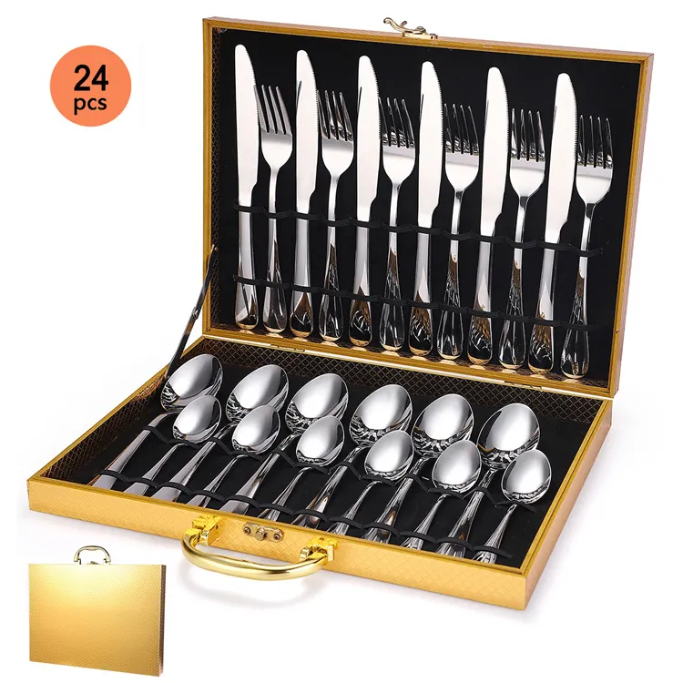 Top Luxury Mirror Polish Flatware Set 304 Stainless Steel 24 Pieces Cutlery Set Knife Fork Spoon Silver Gold Flatware